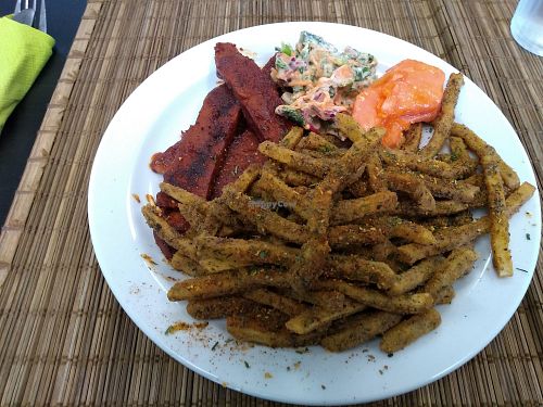 BBQ "ribs", seasoned fries, kale coleslaw (very tasty), papaya. at Earth's Kitchen  in Birmingham