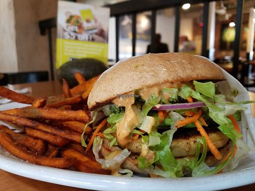 Scorpion burger with sweet potato fries at Native Foods in West Los Angeles