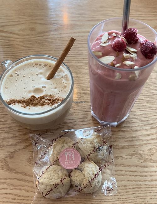 Vegan chai latte, razzle berry smoothie, and cookies to go!   at Plant Cafe & Kitchen - Itaewon in Seoul