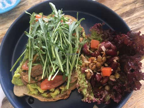 Avocado toast with sautéed mushrooms, cherry tomatoes and arugula! at The Sloth in Canggu