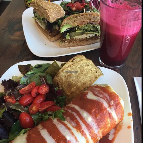 wet burrito and build-your-own burger plus berry smoothie at Golden Mean in Santa Monica