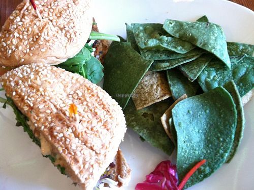 Golden Mean burger with tortilla chips. at Golden Mean in Santa Monica