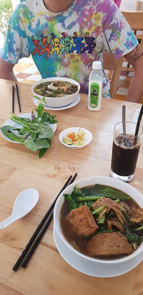 Pho, "duck" soup, Iced coffee, lotus seed milk at Huong Viet in Ho Chi Minh City