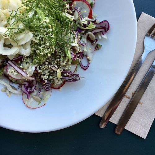 Fantastic vegan salad with fresh peapuré, rawmarineted fennel and radish on a base of grains and cabbage. Topped with fresh herbs and seeds. - All made of local ingredients. at Rooty in Copenhagen