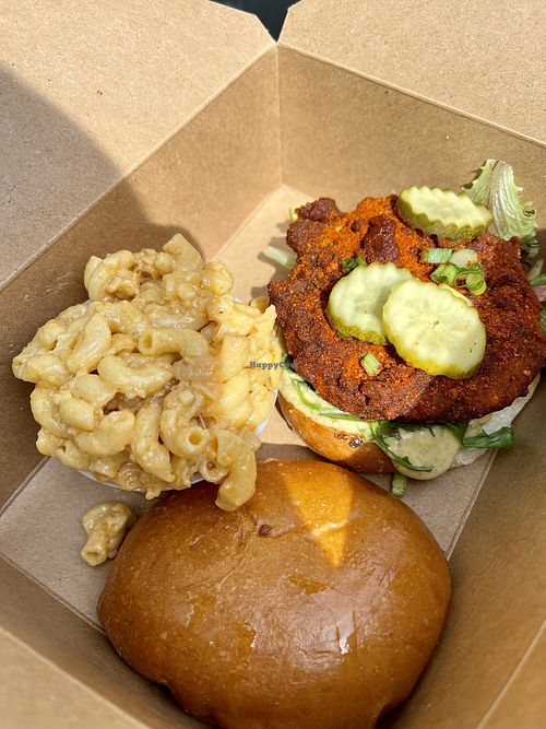 The famous Nashville hot chic’n sandwich + mac n’ cheeze! at Grass VBQ Joint - Cloud Kitchen in Decatur