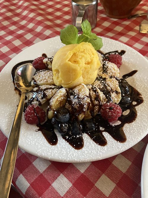 Poffertjes with blueberries, raspberries ad mango sorbett  at Det Lille Pannekakehuset in Lillehammer