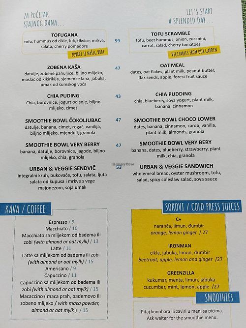 Breakfast menu at Urban & Veggie in Dubrovnik