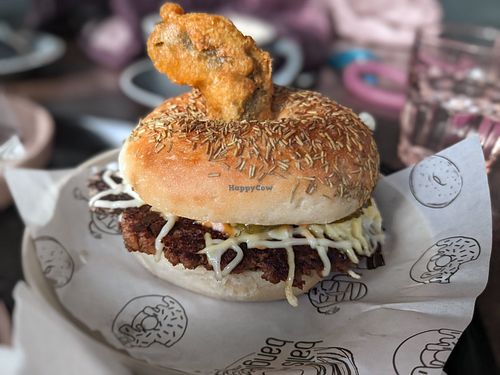 Vegan Cheese Burgel with a fried pickle on top. at Balls and Bangles in Queenstown