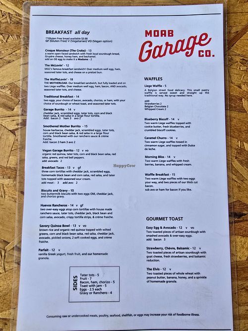 Menu 1/2 vo = vegan at Moab Garage Co. in Moab