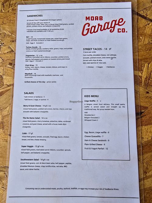 Menu 2/2 vo = vegan at Moab Garage Co. in Moab