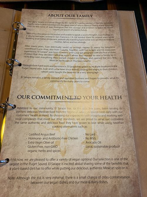 Menu intro. No lard! at El Sarape in Olympia