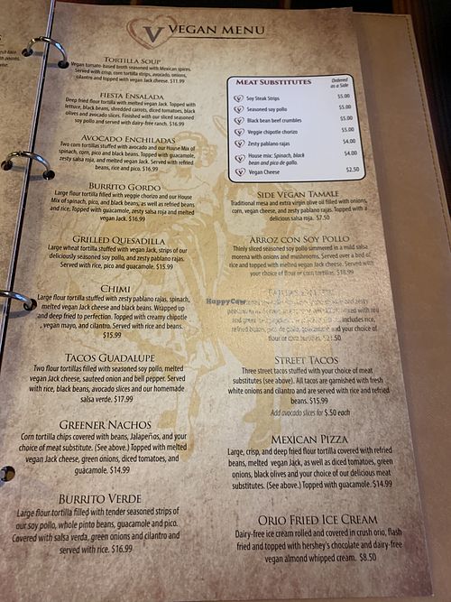 A complete vegan menu, inside the regular menu binder! at El Sarape in Olympia