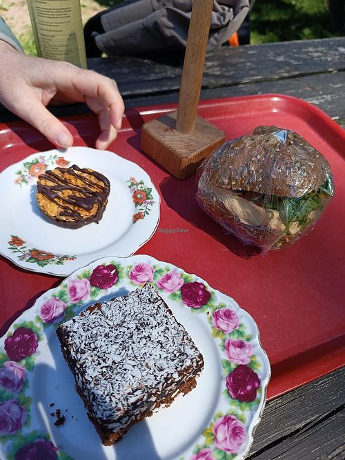 Vegan Snickers cake, chocolate cake and hummus bread roll at Caféet i Tyresta By in Vendelsoe