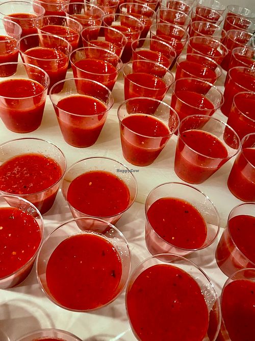 Watermelon Gazpacho with mint, watermelon, cucumber, tomato, garlic, lemon juice at Weimar Institute Cafeteria in Weimar