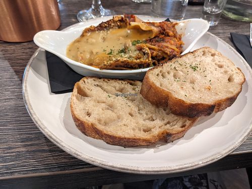 Vegan lasagne and garlic bread at Loch Tay Highland Lodges in Killin