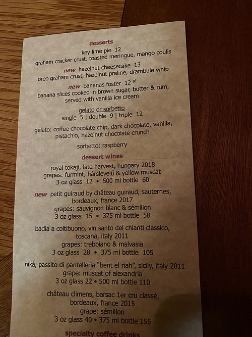 Dessert menu. Sorbetto is only vegan option  at Mews in Provincetown