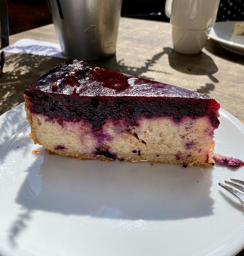 Vegan cheesecake with raspberry and blueberry topping (only says vegan cheesecake on the menu)  at Der Schafstall in Handeloh
