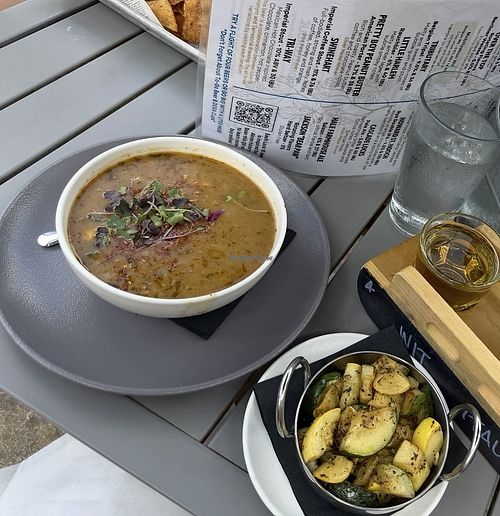 Vegan elote soup with zucchini & squash side  at Lock 15 Brewing Company in Akron