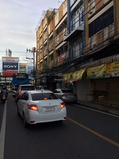 Look for the yellow banners and sony sign at the end of the road. at Vegetarian in Rayong
