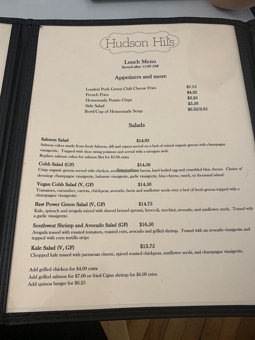 Lunch menu  at Hudson Hil's in Cold Spring