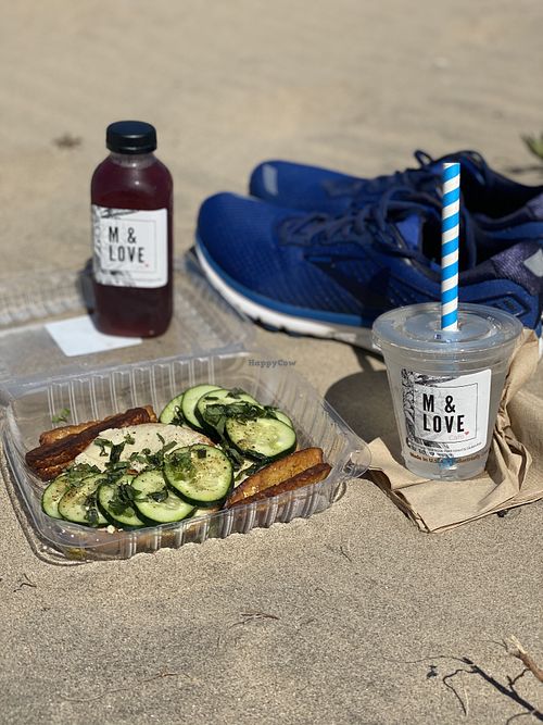 Cashew cheese bagel, tempeh on the side and hibiscus tea   at M & Love in Manhattan Beach