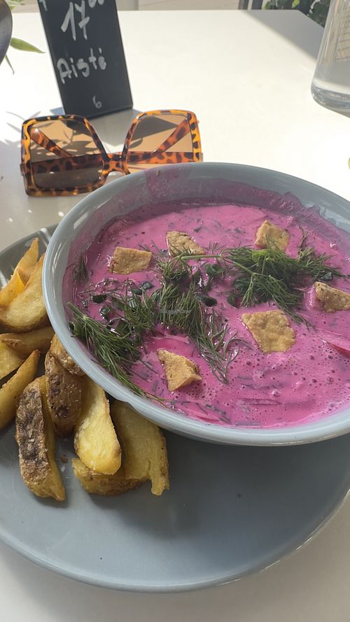 Beetroot soup comes with fries and is plenty filling on its own    at RoseHip Bistro - Pylimo in Vilnius