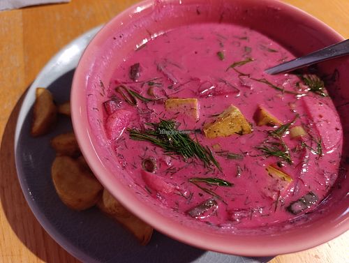 Vegan borscht..with fries! at RoseHip Bistro - Pylimo in Vilnius