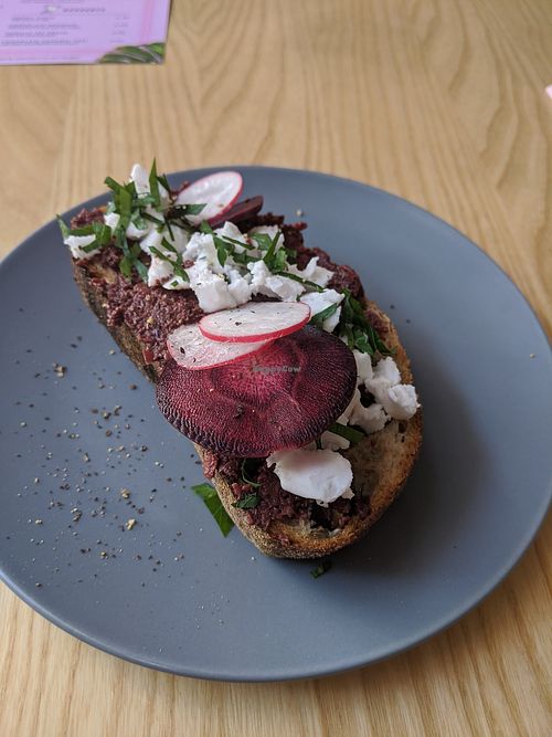 Toast with olive tapenade and vegan feta at RoseHip Bistro - Pylimo in Vilnius