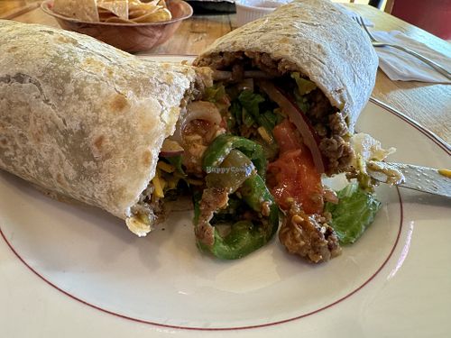 Cheese burger burrito veganized   at Viva Mexicana in Sebastopol