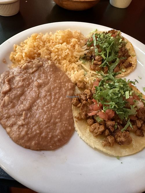 Vegan chorizo tacos, beans & rice   at Viva Mexicana in Sebastopol