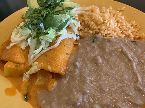 Butternut squash enchiladas, beans and rice. Very tasty  at Viva Mexicana in Sebastopol