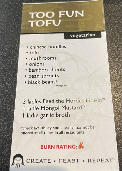 One of the cards you can grab to make a recipe  at HuHot Mongolian Grill in Coeur D Alene