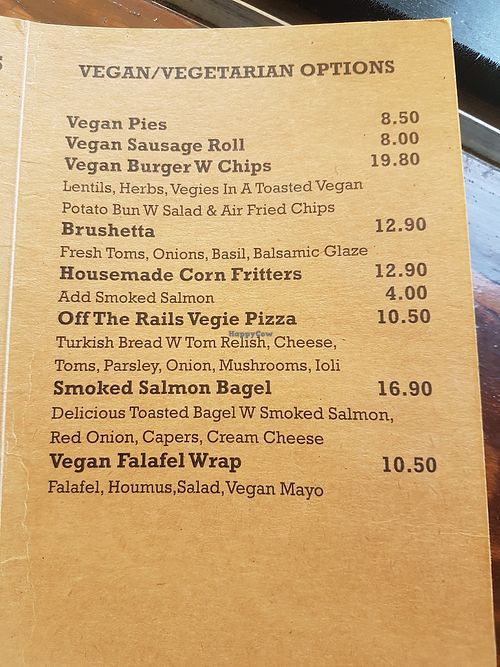 Vegan menu at Off the Rails in Wahroonga