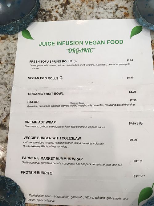 Menu at Organic Juice Infusion in Woodland Hills