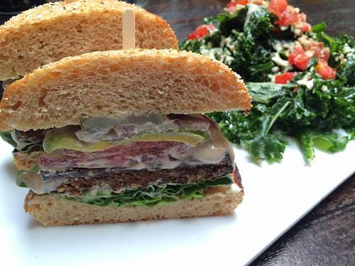 Sun burger with cashew cheese and avocado at SunCafe in Studio City