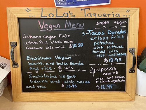 Inside vegan menu at Lola's Taqueria in Belvedere