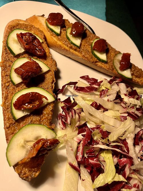 Bruschetta with olive pate, cucumber, and sun-dried tomato    at Timoleone Veggie Restaurant & Cocktail Bar in Taormina