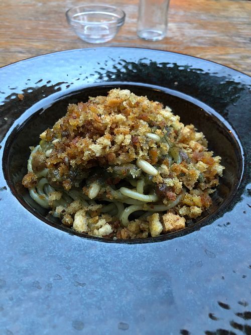 Wild fennel, pine nut, raisin, breadcrumbs, citrus (I think) and Szechuan peppercorn pasta. Option for something different (usually has anchovies) and may not find vegan elsewhere at Timoleone Veggie Restaurant & Cocktail Bar in Taormina