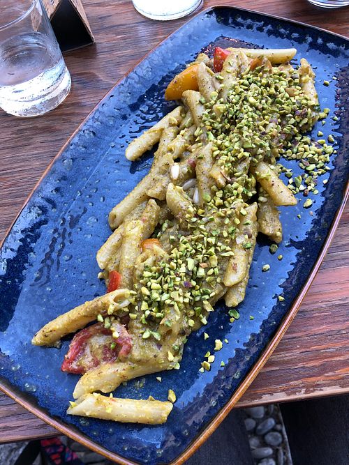 Local pistachio and cherry tomato pasta. Amazing! I accidentally ordered this one, and was so glad I did. Yum.  at Timoleone Veggie Restaurant & Cocktail Bar in Taormina