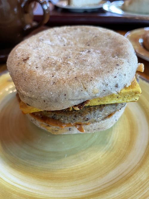 Breakfast sandwich with vegan cheese, sausage, egg on gluten free English muffins   at The Park Side Cafe in Olympia
