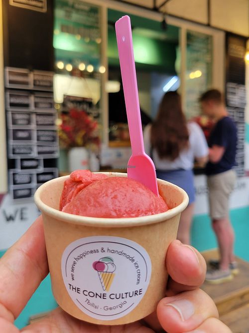 Small size fresh strawberry sorbet at The Cone Culture in Tbilisi