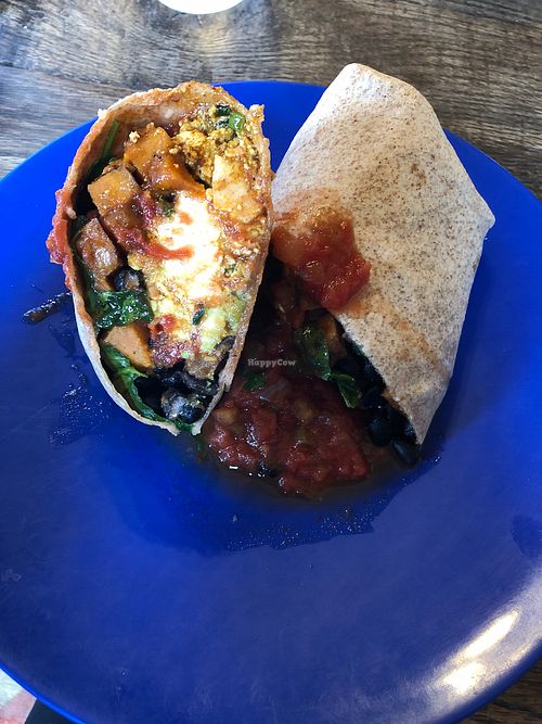 Vegan burrito with spicy tofu and avocado added at Amazing Grace in Breckenridge