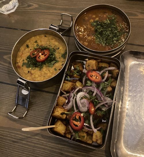 Tea steeped chickpeas, temple dahl, fenugreek fries (all vegan & gluten-free)   at Mowgli in Cardiff