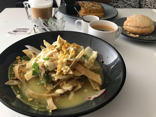Chilaquiles for breakfast  at Vegan Inc in Puebla