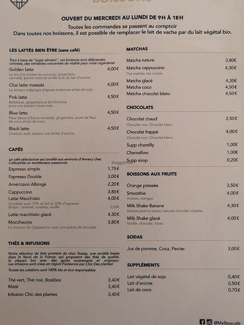 beverages list at Mylk Tea Cafe in Annecy