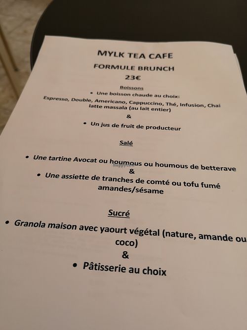 brunch menu at Mylk Tea Cafe in Annecy