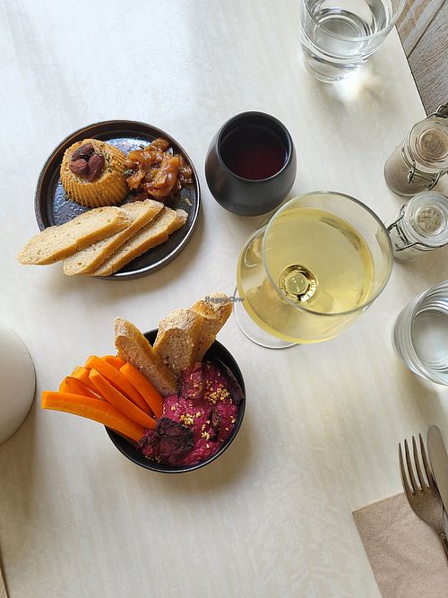 Vegan cheese with apple onion compote (yum!); Beet hummus at Xuxu in Biarritz