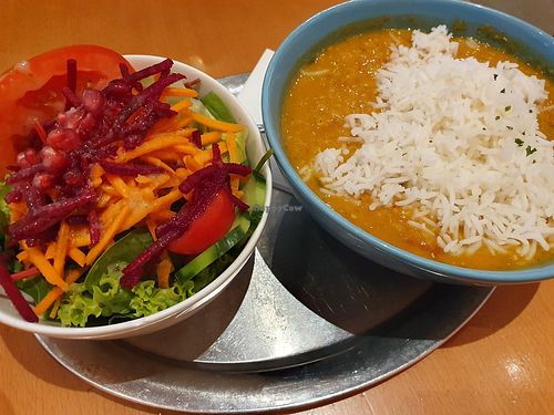Lentils with rice and salad, tasted like homemade food, tasty! at The Heart of Joy in Salzburg
