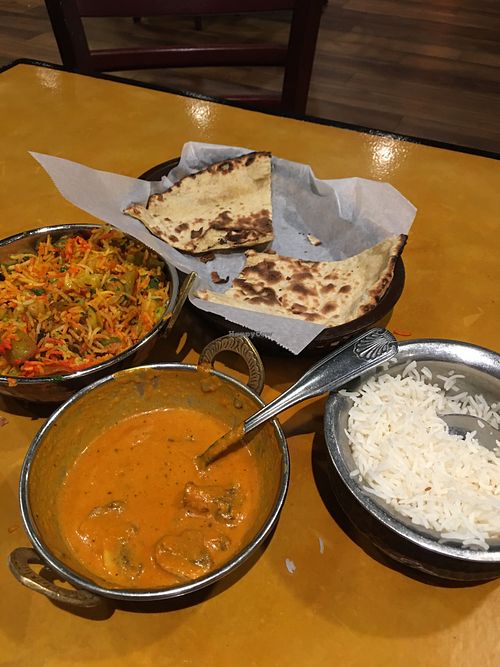 Veggie rice dish (no cheese), mushroom tikka masala, and roti   at Taste of the Himalayas in Carlsbad