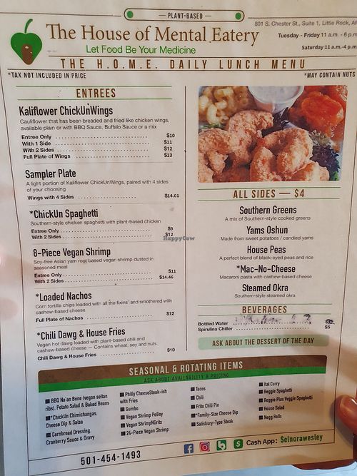 Menu at H.O.M.E. Vegan Restaurant (TheHouseOfMentalEatery) in Little Rock